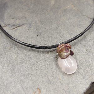 Light Pink Rose Quartz Stone Pendant with Sculpted Clay Detail on a Faux Leather